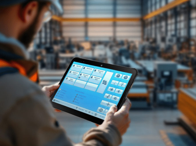 Construction worker using best tablet for industrial use