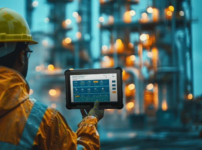 Construction worker holding industrial grade tablet